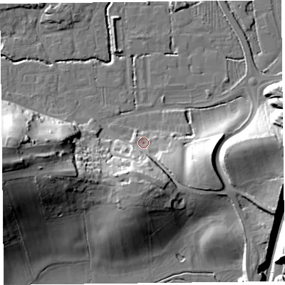 Shaded relief map of the ground around BS234TU, computed from Environment Agency LiDAR. The ground here sits at about 9 m above sea level and falls 38 m across the surrounding 800 m. Surface water reaching this point runs off ground lying to the east-south-east, 15.1 m higher.