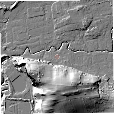 Shaded relief map of the ground around BS234TW, computed from Environment Agency LiDAR. The ground here sits at about 6 m above sea level and falls 43 m across the surrounding 800 m. Surface water reaching this point runs off ground lying to the south, 38.7 m higher.