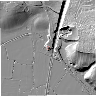 Shaded relief map of the ground around BS234TZ, computed from Environment Agency LiDAR. The ground here sits at about 13 m above sea level and falls 48 m across the surrounding 800 m. Surface water reaching this point runs off ground lying to the north-north-east, 2.8 m higher.