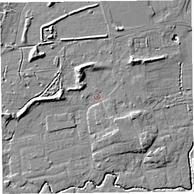 Shaded relief map of the ground around BS234UH, computed from Environment Agency LiDAR. The ground here sits at about 8 m above sea level and falls 14 m across the surrounding 800 m. Surface water reaching this point runs off ground lying to the north, 3.1 m higher.