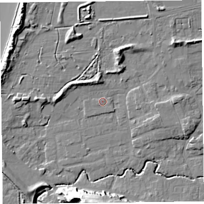 Shaded relief map of the ground around BS234UL, computed from Environment Agency LiDAR. The ground here sits at about 7 m above sea level and falls 26 m across the surrounding 800 m. The ground contributing surface water to this point lies to the west-south-west.