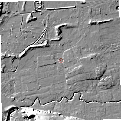 Shaded relief map of the ground around BS234UP, computed from Environment Agency LiDAR. The ground here sits at about 6 m above sea level and falls 36 m across the surrounding 800 m. Surface water reaching this point runs off ground lying to the north, 7.8 m higher.