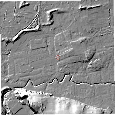 Shaded relief map of the ground around BS234UR, computed from Environment Agency LiDAR. The ground here sits at about 7 m above sea level and falls 40 m across the surrounding 800 m. Surface water reaching this point runs off ground lying to the east-north-east, 2.4 m higher.