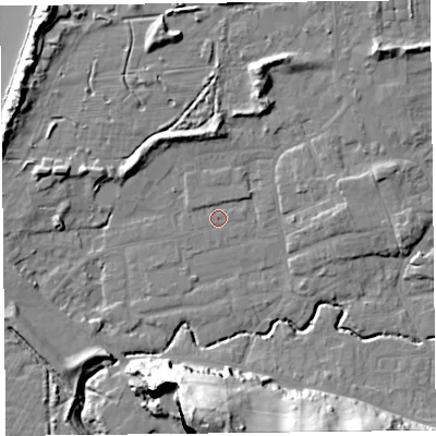 Shaded relief map of the ground around BS234UT, computed from Environment Agency LiDAR. The ground here sits at about 6 m above sea level and falls 40 m across the surrounding 800 m. Surface water reaching this point runs off ground lying to the north-north-east, 1.0 m higher.