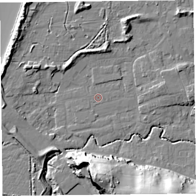 Shaded relief map of the ground around BS234UU, computed from Environment Agency LiDAR. The ground here sits at about 6 m above sea level and falls 40 m across the surrounding 800 m. The ground contributing surface water to this point lies to the east-north-east.