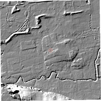 Shaded relief map of the ground around BS234UY, computed from Environment Agency LiDAR. The ground here sits at about 8 m above sea level and falls 42 m across the surrounding 800 m. Surface water reaching this point runs off ground lying to the east, 3.2 m higher.