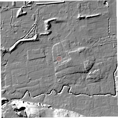 Shaded relief map of the ground around BS234UZ, computed from Environment Agency LiDAR. The ground here sits at about 7 m above sea level and falls 42 m across the surrounding 800 m. Surface water reaching this point runs off ground lying to the east, 3.6 m higher.