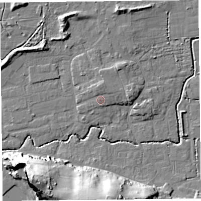 Shaded relief map of the ground around BS234XE, computed from Environment Agency LiDAR. The ground here sits at about 9 m above sea level and falls 39 m across the surrounding 800 m. Surface water reaching this point runs off ground lying to the north, 2.5 m higher.