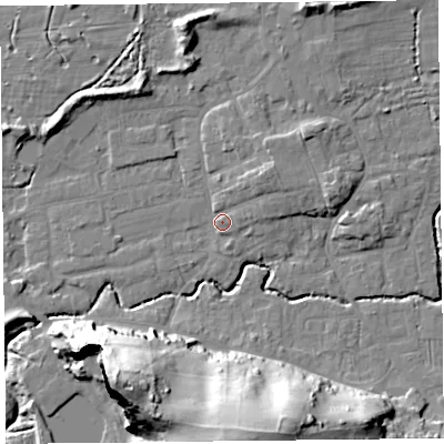 Shaded relief map of the ground around BS234XF, computed from Environment Agency LiDAR. The ground here sits at about 7 m above sea level and falls 41 m across the surrounding 800 m. Surface water reaching this point runs off ground lying to the north-east, 4.5 m higher.