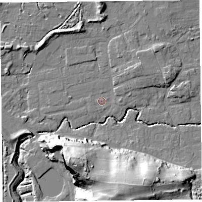 Shaded relief map of the ground around BS234XG, computed from Environment Agency LiDAR. The ground here sits at about 6 m above sea level and falls 43 m across the surrounding 800 m. Surface water reaching this point runs off ground lying to the north, 8.2 m higher.
