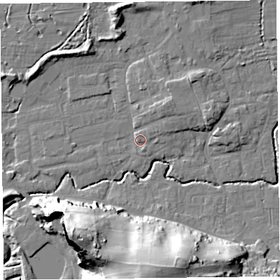 Shaded relief map of the ground around BS234XH, computed from Environment Agency LiDAR. The ground here sits at about 7 m above sea level and falls 42 m across the surrounding 800 m. Surface water reaching this point runs off ground lying to the north-east, 4.7 m higher.