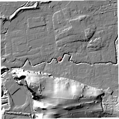 Shaded relief map of the ground around BS234XJ, computed from Environment Agency LiDAR. The ground here sits at about 6 m above sea level and falls 43 m across the surrounding 800 m. Surface water reaching this point runs off ground lying to the south, 41.3 m higher.