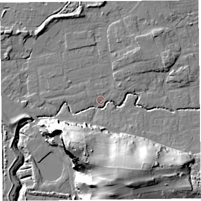Shaded relief map of the ground around BS234XL, computed from Environment Agency LiDAR. The ground here sits at about 5 m above sea level and falls 43 m across the surrounding 800 m. Surface water reaching this point runs off ground lying to the south-south-east, 41.4 m higher.
