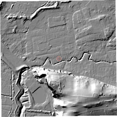Shaded relief map of the ground around BS234XN, computed from Environment Agency LiDAR. The ground here sits at about 6 m above sea level and falls 43 m across the surrounding 800 m. Surface water reaching this point runs off ground lying to the south-south-east, 41.4 m higher.