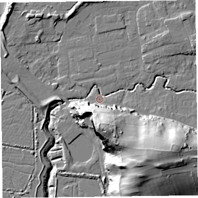 Shaded relief map of the ground around BS234XP, computed from Environment Agency LiDAR. The ground here sits at about 6 m above sea level and falls 43 m across the surrounding 800 m. Surface water reaching this point runs off ground lying to the south, 39.1 m higher.