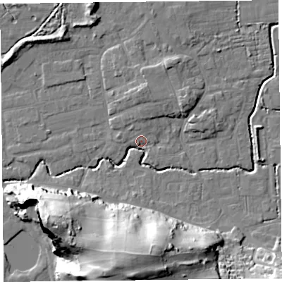 Shaded relief map of the ground around BS234XQ, computed from Environment Agency LiDAR. The ground here sits at about 6 m above sea level and falls 42 m across the surrounding 800 m. Surface water reaching this point runs off ground lying to the south, 40.4 m higher.