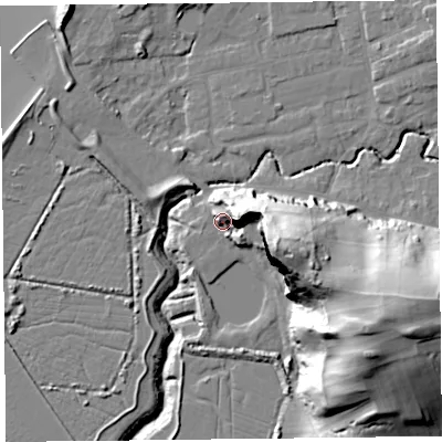 Shaded relief map of the ground around BS234XR, computed from Environment Agency LiDAR. The ground here sits at about 10 m above sea level and falls 44 m across the surrounding 800 m. Surface water reaching this point runs off ground lying to the east, 20.4 m higher.