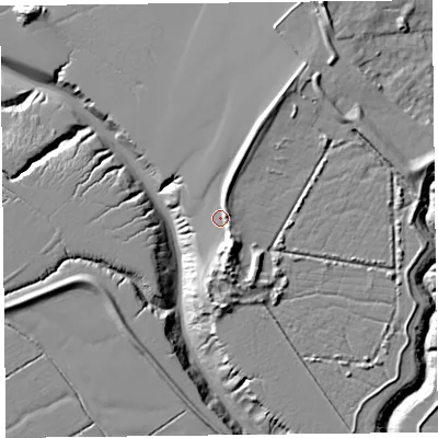 Shaded relief map of the ground around BS234XU, computed from Environment Agency LiDAR. The ground here sits at about 6 m above sea level and falls 16 m across the surrounding 800 m. Surface water reaching this point runs off ground lying to the east-north-east, 4.1 m higher.