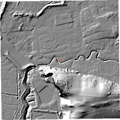 Shaded relief map of the ground around BS234XW, computed from Environment Agency LiDAR. The ground here sits at about 5 m above sea level and falls 43 m across the surrounding 800 m. Surface water reaching this point runs off ground lying to the south, 39.1 m higher.