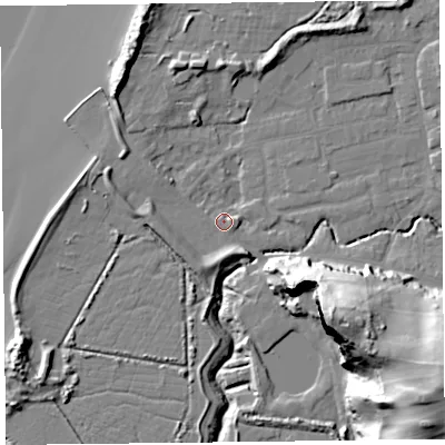 Shaded relief map of the ground around BS234XX, computed from Environment Agency LiDAR. The ground here sits at about 6 m above sea level and falls 43 m across the surrounding 800 m. Surface water reaching this point runs off ground lying to the west-north-west, 3.7 m higher.