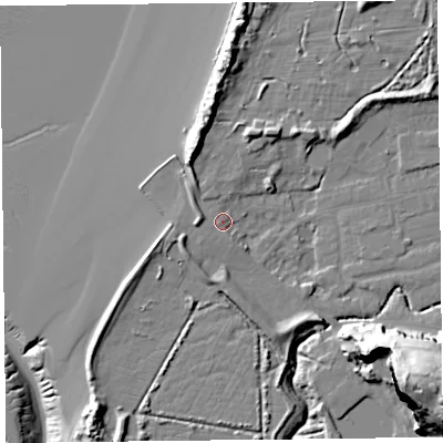 Shaded relief map of the ground around BS234XY, computed from Environment Agency LiDAR. The ground here sits at about 8 m above sea level and falls 45 m across the surrounding 800 m. Surface water reaching this point runs off ground lying to the west, 1.7 m higher.