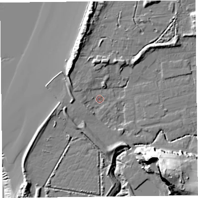Shaded relief map of the ground around BS234XZ, computed from Environment Agency LiDAR. The ground here sits at about 6 m above sea level and falls 45 m across the surrounding 800 m. Surface water reaching this point runs off ground lying to the south-west, 3.5 m higher.