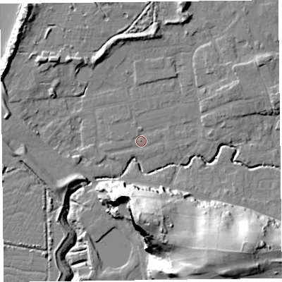 Shaded relief map of the ground around BS234YA, computed from Environment Agency LiDAR. The ground here sits at about 6 m above sea level and falls 43 m across the surrounding 800 m. Surface water reaching this point runs off ground lying to the east-south-east, 0.6 m higher.
