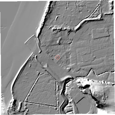 Shaded relief map of the ground around BS234YB, computed from Environment Agency LiDAR. The ground here sits at about 6 m above sea level and falls 44 m across the surrounding 800 m. Surface water reaching this point runs off ground lying to the south-south-west, 2.2 m higher.