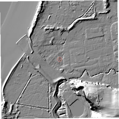 Shaded relief map of the ground around BS234YD, computed from Environment Agency LiDAR. The ground here sits at about 5 m above sea level and falls 43 m across the surrounding 800 m. Surface water reaching this point runs off ground lying to the south, 2.6 m higher.