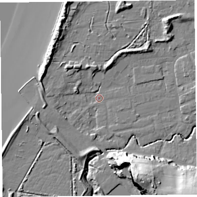 Shaded relief map of the ground around BS234YE, computed from Environment Agency LiDAR. The ground here sits at about 5 m above sea level and falls 40 m across the surrounding 800 m. Surface water reaching this point runs off ground lying to the west-north-west, 9.8 m higher.