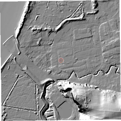 Shaded relief map of the ground around BS234YF, computed from Environment Agency LiDAR. The ground here sits at about 6 m above sea level and falls 43 m across the surrounding 800 m. Surface water reaching this point runs off ground lying to the west-north-west, 9.8 m higher.
