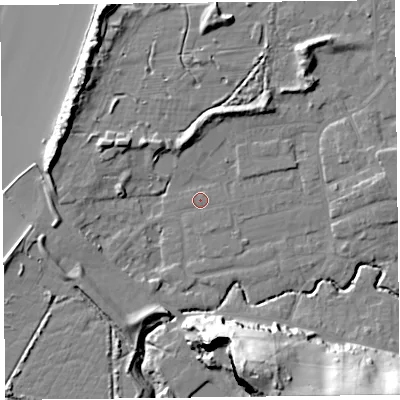 Shaded relief map of the ground around BS234YG, computed from Environment Agency LiDAR. The ground here sits at about 6 m above sea level and falls 40 m across the surrounding 800 m. Surface water reaching this point runs off ground lying to the north-east, 5.7 m higher.