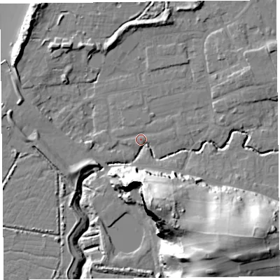 Shaded relief map of the ground around BS234YH, computed from Environment Agency LiDAR. The ground here sits at about 6 m above sea level and falls 43 m across the surrounding 800 m. Surface water reaching this point runs off ground lying to the south, 39.1 m higher.