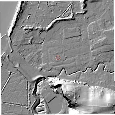 Shaded relief map of the ground around BS234YQ, computed from Environment Agency LiDAR. The ground here sits at about 6 m above sea level and falls 43 m across the surrounding 800 m. The ground contributing surface water to this point lies to the south.