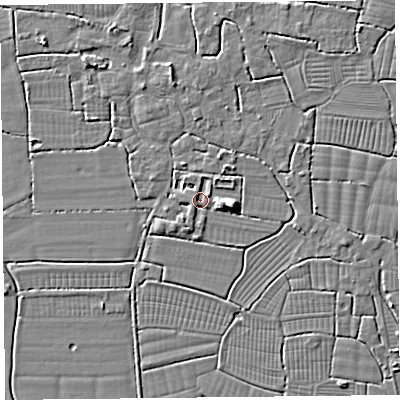 Shaded relief map of the ground around BS240AF, computed from Environment Agency LiDAR. The ground here sits at about 5 m above sea level and falls 5 m across the surrounding 800 m. Surface water reaching this point runs off ground lying to the south-south-west, 1.6 m higher.
