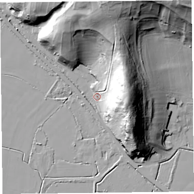 Shaded relief map of the ground around BS240AL, computed from Environment Agency LiDAR. The ground here sits at about 8 m above sea level and falls 65 m across the surrounding 800 m. Surface water reaching this point runs off ground lying to the east, 48.6 m higher.