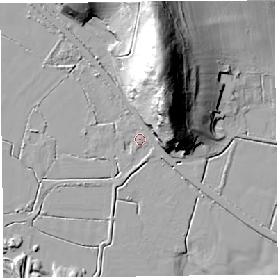 Shaded relief map of the ground around BS240AN, computed from Environment Agency LiDAR. The ground here sits at about 7 m above sea level and falls 50 m across the surrounding 800 m. Surface water reaching this point runs off ground lying to the north-east, 42.4 m higher.