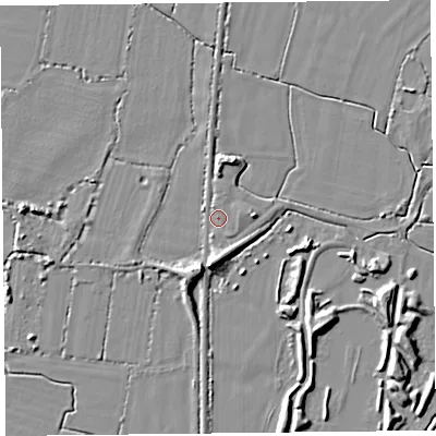 Shaded relief map of the ground around BS240AP, computed from Environment Agency LiDAR. The ground here sits at about 7 m above sea level and falls 7 m across the surrounding 800 m. Surface water reaching this point runs off ground lying to the south-south-west, 1.3 m higher.