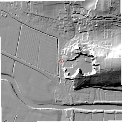 Shaded relief map of the ground around BS240AU, computed from Environment Agency LiDAR. The ground here sits at about 7 m above sea level and falls 44 m across the surrounding 800 m. Surface water reaching this point runs off ground lying to the north-east, 42.6 m higher.