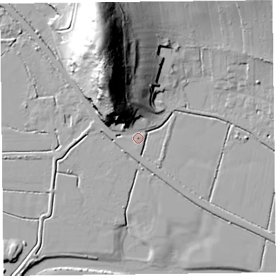 Shaded relief map of the ground around BS240AW, computed from Environment Agency LiDAR. The ground here sits at about 7 m above sea level and falls 50 m across the surrounding 800 m. Surface water reaching this point runs off ground lying to the north-west, 28.4 m higher.