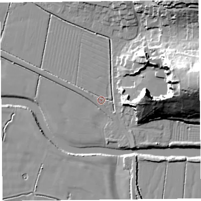 Shaded relief map of the ground around BS240AX, computed from Environment Agency LiDAR. The ground here sits at about 7 m above sea level and falls 36 m across the surrounding 800 m. Surface water reaching this point runs off ground lying to the east, 34.7 m higher.