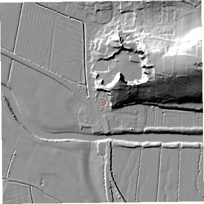 Shaded relief map of the ground around BS240BA, computed from Environment Agency LiDAR. The ground here sits at about 7 m above sea level and falls 41 m across the surrounding 800 m. Surface water reaching this point runs off ground lying to the north-east, 17.9 m higher.