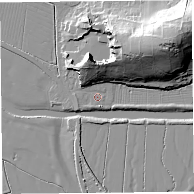 Shaded relief map of the ground around BS240BE, computed from Environment Agency LiDAR. The ground here sits at about 7 m above sea level and falls 45 m across the surrounding 800 m. Surface water reaching this point runs off ground lying to the north-north-west, 23.6 m higher.