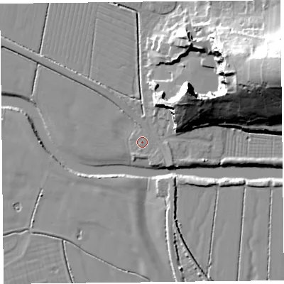Shaded relief map of the ground around BS240BG, computed from Environment Agency LiDAR. The ground here sits at about 7 m above sea level and falls 39 m across the surrounding 800 m. Surface water reaching this point runs off ground lying to the east-north-east, 0.9 m higher.