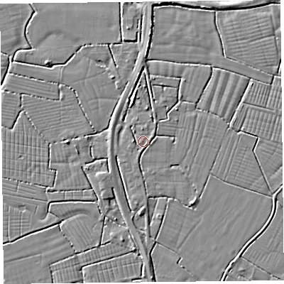 Shaded relief map of the ground around BS240BL, computed from Environment Agency LiDAR. The ground here sits at about 6 m above sea level and falls 4 m across the surrounding 800 m. Surface water reaching this point runs off ground lying to the west, 1.6 m higher.