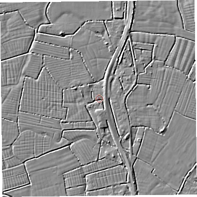 Shaded relief map of the ground around BS240BN, computed from Environment Agency LiDAR. The ground here sits at about 6 m above sea level and falls 3 m across the surrounding 800 m. Surface water reaching this point runs off ground lying to the south, 2.1 m higher.