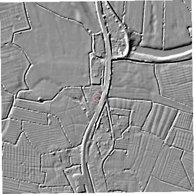 Shaded relief map of the ground around BS240BP, computed from Environment Agency LiDAR. The ground here sits at about 6 m above sea level and falls 4 m across the surrounding 800 m. Surface water reaching this point runs off ground lying to the east-north-east, 1.6 m higher.