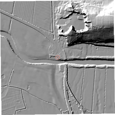 Shaded relief map of the ground around BS240BQ, computed from Environment Agency LiDAR. The ground here sits at about 7 m above sea level and falls 40 m across the surrounding 800 m. Surface water reaching this point runs off ground lying to the north-north-east, 26.3 m higher.