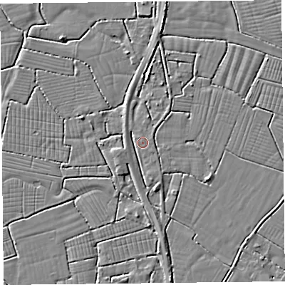 Shaded relief map of the ground around BS240BT, computed from Environment Agency LiDAR. The ground here sits at about 6 m above sea level and falls 4 m across the surrounding 800 m. Surface water reaching this point runs off ground lying to the west-south-west, 2.2 m higher.