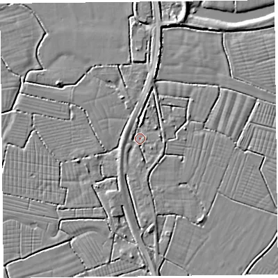 Shaded relief map of the ground around BS240BW, computed from Environment Agency LiDAR. The ground here sits at about 6 m above sea level and falls 4 m across the surrounding 800 m. Surface water reaching this point runs off ground lying to the east, 2.3 m higher.